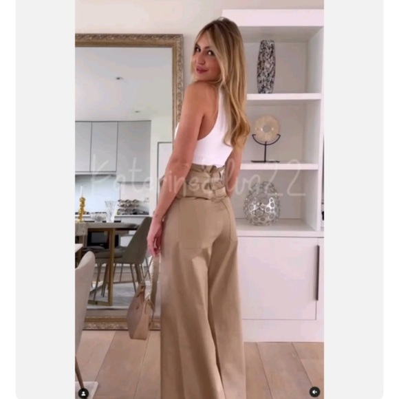 Zara Wide Leg Belted Full Length Gabardine Pants Khaki - Picture 4 of 11